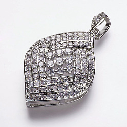 Platinum Brass Micro Pave Cubic Zirconia Pendants, Long-Lasting Plated, Rhombus, Platinum, 43x28x11mm, Hole: 4x6mm