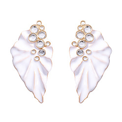 White Alloy Enamel & Crystal Rhinestone Stud Earrings, Leaf, Golden, White, 62x30mm