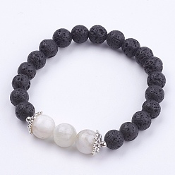 Lava Rock Natural Lava Rock Stretch Bracelets, with Natural Moonstone, Alloy Findings, Round, 2 inch(50mm)