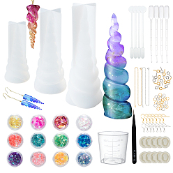 Mixed Color DIY Jewelry Set, with Unicorn Horn Silicone Molds, Brass Cable Chain Necklace Marking, Iron Earring Hooks and Plastic Pipettes Dropper, Mixed Color