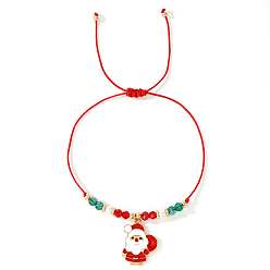 Santa Claus Плетеные браслеты из искусственного жемчуга и стеклянных бусин, с рождественскими эмалевыми подвесками из сплава, регулируемые браслеты из шнура для женщин и мужчин, Дед Мороз