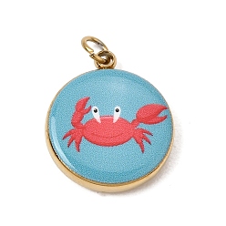 Red Printed 304 Stainless Steel Pendants, Round with Crab Charms, Ion Plating(IP), Long-Lasting Plated, Golden, Red, 16x13.5x3mm, Hole: 2.5mm