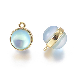Светло-Синий Подвески из синтетического лунного камня, с позолоченными латунными кабошонами, круглые, голубой, 12x9.5x10 мм, отверстие : 1.2 мм
