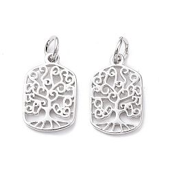 Platinum Rack Plating Brass Pendants, with Jump Ring, Lead Free & Cadmium Free, Hollow, Rectangle with Tree of Life Charm, Platinum, 15.7x10x1.3mm, Hole: 3mm