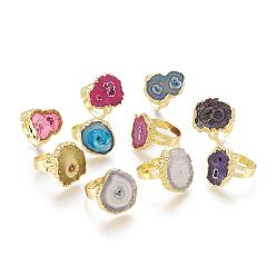 Mixed Color Adjustable Dyed Natural Druzy Agate Finger Rings, Wide Band Rings, with Golden Tone Brass Finding, Nuggets, Mixed Color, Size 8, Inner Diameter: 18mm