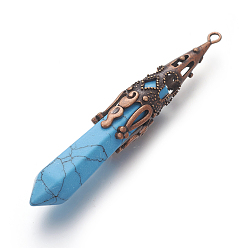 Synthetic Turquoise Synthetic Turquoise Pointed Pendants, with Red Copper Tone Brass Findings, Bullet, Dyed, 76~82x12mm, Hole: 2mm