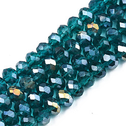 Teal Electroplate Glass Beads Strands, AB Color Plated, Faceted, Rondelle, Teal, 6x5mm, Hole: 1mm, about 85~88pcs/strand, 16.1~16.5 inch(41~42cm)
