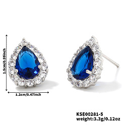 Синий Латунные серьги-гвоздики в виде капель, с кубическим цирконием и стеклом, платина, синие, 15x12 мм