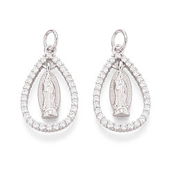 Платина 925 религиозные подвески из стерлингового серебра с микропаве из прозрачных кубических цирконий, слезинка с чарами Девы Марии, с соединительным кольцом и 925 штампом, родий, платина, 23.5x14x2 мм, отверстие : 4 мм