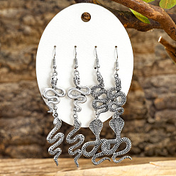 Античное Серебро 4 Парные серьги-подвески из цинкового сплава, змея, античное серебро, 47~54x14~23 мм
