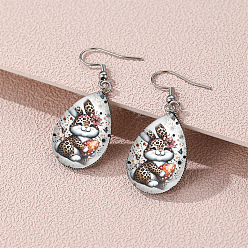 Верблюжий Пасха 304 Серьги-подвески из нержавеющей стали и стекла, слезинка с рисунком кролика, платина, верблюжие, 45x18 мм