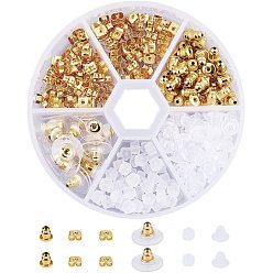 Золотой Наборы для ушей, с латунными гайками для ушей и пластиковыми ушными гайками, спинки для серьги, золотые, 2.5~11x3.2~11x2.5~7 мм, отверстие: 1 мм, латунная пластиковая ушная гайка: около 10 шт. / отсек, другие: 50шт / купе.