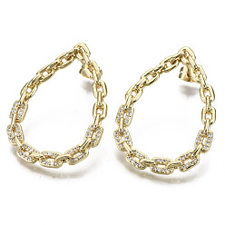Clear Brass Micro Pave Cubic Zirconia Stud Earrings, with Earring Backs, Nickel Free, Teardrop, Real 16K Gold Plated, Clear, 36.5x26.5mm, Pin: 0.8mm