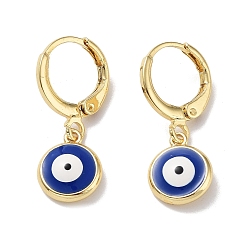 Dark Blue Real 18K Gold Plated Brass Dangle Leverback Earrings, with Enamel, Evil Eye, Dark Blue, 24x9mm