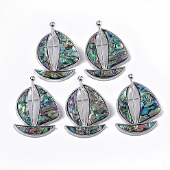 Colorful Shell Brooches/Pendants, with Resin Bottom and Alloy Findings, Sailboat, Platinum, Colorful, 62x45x10mm, hole: 3.5x6mm, Pin: 0.7mm