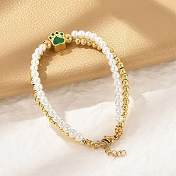 Темно-Зеленый Латунь многожильных браслеты, эмалевые браслеты с подвесками для женщин, отпечаток лапы, ионное покрытие (ip), реальный 18 k позолоченный, с пластиковой жемчужиной и 304 карабином из нержавеющей стали, темно-зеленый, 7-1/4 дюйм (18.3 см)