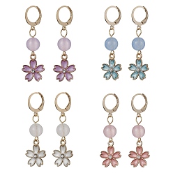 Couleur Mélangete Boucles d'oreilles dormeuses en alliage d'émail à fleurs, Boucles d'oreilles en perles de jade naturel de Malaisie, couleur mixte, 44x14mm