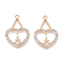 Золотой Стойки подвески обшивки сплава, со стразами, Сердце с Эйфелевой башни, золотые, 27x18.5x2 мм, отверстие : 1.6 мм