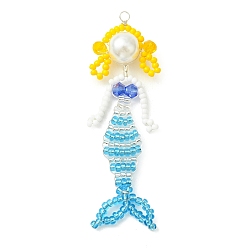 Sky Blue Copper Wire Wrapperd Glass Seed Beads Big Pendants, Mermaid Charms, with Baking Paint Glass Pearl Round Beads, Sky Blue, 70x21~21.5x9.5mm, Hole: 2.5mm