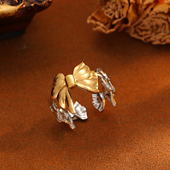 Bowknot Two Tone 304 Stainless Steel Cuff Open Rings for Women, Golden & Stainless Steel Color, Bowknot, US Size 4 1/4(15~20mm)