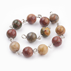 Пикассо Камень Натуральная полихромная яшма ручной работы/камень Пикассо/цепочки из бисера из яшмы Пикассо, несварные, с железным штифтом, круглые, платина, 39.3 дюйм (1 м)