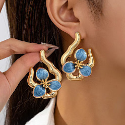 Темно-Голубой Серьги-гвоздики с цветочной эмалью из железа, золотые, слева и справа, глубокое синее небо, 51x37 мм