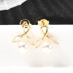 Золотой Серьги-гвоздики «конский глаз» с круглыми латунными микропаве из прозрачных кубических цирконий, с пластиковой имитационной жемчужиной, без кадмия и без свинца, золотые, 14x11 мм