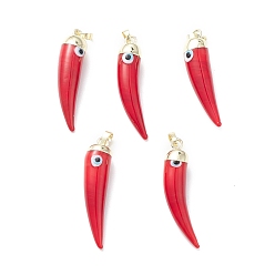 Красный Ручной зла подвески бусины глаз, с реечным покрытием латунной фурнитурой цвета светлого золота, долговечный, без свинца и без кадмия, рог очарование, красные, 43~46x9~11x10~11 мм, отверстие : 7x4 мм