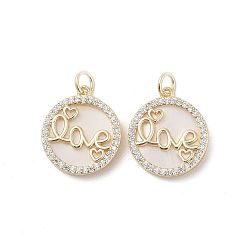 Настоящее золото 18K Латунные подвески из ракушки, с четким кубического циркония, без кадмия, без никеля и без свинца, круглый со словом любовь, реальный 18 k позолоченный, 18x16x3 мм