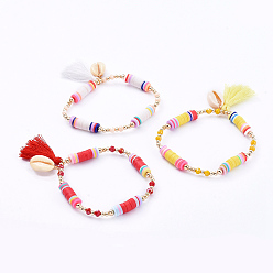 Mixed Color Stretch Charm Bracelets, with Polymer Clay Heishi Beads, Cotton Thread Tassels, Cowrie Shell Beads, Faceted Glass Beads and Brass Beads, Mixed Color, 2-3/8 inch(6cm)
