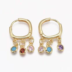 Golden Brass Micro Pave Cubic Zirconia Huggie Hoop Earrings, Flat Round, Colorful, Long-Lasting Plated, Golden, 20mm, Pin: 1mm