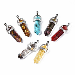 Mixed Color Transparent Epoxy Resin Pendants, with Natural Gemstone Chip, with Alloy Findings , Cadmium Free & Nickel Free & Lead Free, Pen, Mixed Color, 41x13x10mm, Hole: 4x5.5mm