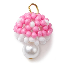Ярко-Розовый Бисер бисерные подвески, с железной петлей, подвески-грибы, ярко-розовый, 26.5x18x18 мм, отверстие : 3 мм