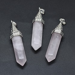 Rose Quartz Natural Rose Quartz Pointed Pendants, with Alloy Findings, Bullet, Platinum, 61x14.5x12.5mm, Hole: 3.5x
7.5mm