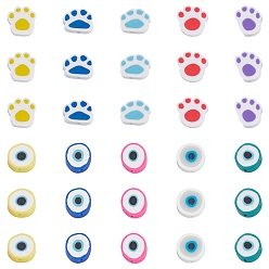Mixed Color 200Pcs 10 Style Handmade Polymer Clay Beads, Paw Print, Flat Round with Evil Eye, with Elastic Thread, Mixed Color, 20pcs/style