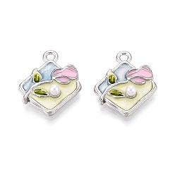 Платина Стойки обшивки сплава эмали подвески, ромб и цветок, с ABS имитации жемчуга, платина, 20x17x5.5 мм, отверстие : 1.8 мм