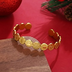 Золотой Рождество 201 Браслеты-манжеты из нержавеющей стали для женщин, Плоская круглая фигурка с Санта-Клаусом, снеговиком, рождественской елкой и лосем., золотые, внутренний диаметр: 2.32 дюйм (5.9 см)