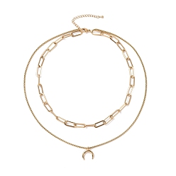 Golden PVD Vacuum Plating 304 Stainless Steel Double Chains Multi Layered Necklace with Crescent Moon Charm for Women, Golden, 16.34 inch(41.5cm)