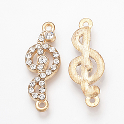 Light Gold Alloy Rhinestone Links connectors, Treble Clef, Light Gold, 27x10x2mm, Hole: 1mm