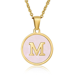 Letter M Natural Shell Initial Letter Pendant Necklace, with Golden Stainless Steel Cable Chains, Letter M, 17.72 inch(45cm)
