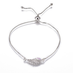 Lilac Adjustable Brass Bolo Bracelets, Slider Bracelets, Box Chains, with Synthetic Opal and Cubic Zirconia, Wing, Lilac, 9-3/4 inch(24.7cm), 1mm