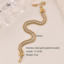 Золотой 304 Теннисные браслеты из нержавеющей стали с микропаве из прозрачного кубического циркония в двухслойной оправе, браслеты-цепочки для женщин, плоско-круглые, золотые, 6.69 дюйм (17 см)