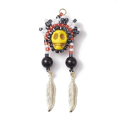 Золотистый Подвеска из стекла и синтетической бирюзы, с пером из сплава и 304 переходными кольцами из нержавеющей стали, золотые, череп, для Хэллоуина, золотые, 55x22x9.5 мм