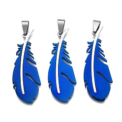Blue Ion Plating(IP) 201 Stainless Steel Pendants, Laser Cut, Feather, Blue, 49x17.5x1mm, Hole: 4x7.5mm