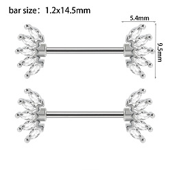 Crown 304 Кольца для сосков из нержавеющей стали с прозрачным кубическим цирконием, булавки для пирсинга сосков, цвет нержавеющей стали, корона, 9.5x5.4 мм, штифты : 14.5x1.2 мм