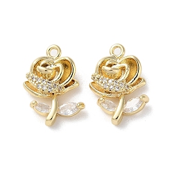 Настоящее золото 18K Латунные микропаве прозрачные подвески с фианитом, без кадмия, без никеля и без свинца, роза, реальный 18 k позолоченный, 16x10.5x4 мм, отверстие : 1.2 мм