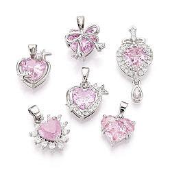 Бледно-Розовый Латунные микро проложить кубического циркония подвески, сердце, платина, розовый жемчуг, 12.5~29x12~15x4~9 мм, отверстие : 4~5x2.5~3 мм