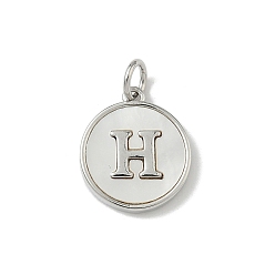 Letter H Латунный паве натуральный ракушка плоский круглый с буквенными подвесками, платина, долговечный, без свинца и без кадмия, стойки покрытие, цвет морской раковины, Письмо ч, 15x13x2 мм, отверстие : 3 мм