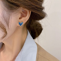 Heart Alloy Enamel Stud Earrings for Women, with 925 Sterling Silver Pin, Heart, 10mm