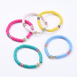 Mixed Color Handmade Polymer Clay Heishi Bead Stretch Bracelets, with Cross Brass Micro Pave Clear Cubic Zirconia Beads, Mixed Color, 2-1/4 inch(5.7cm)